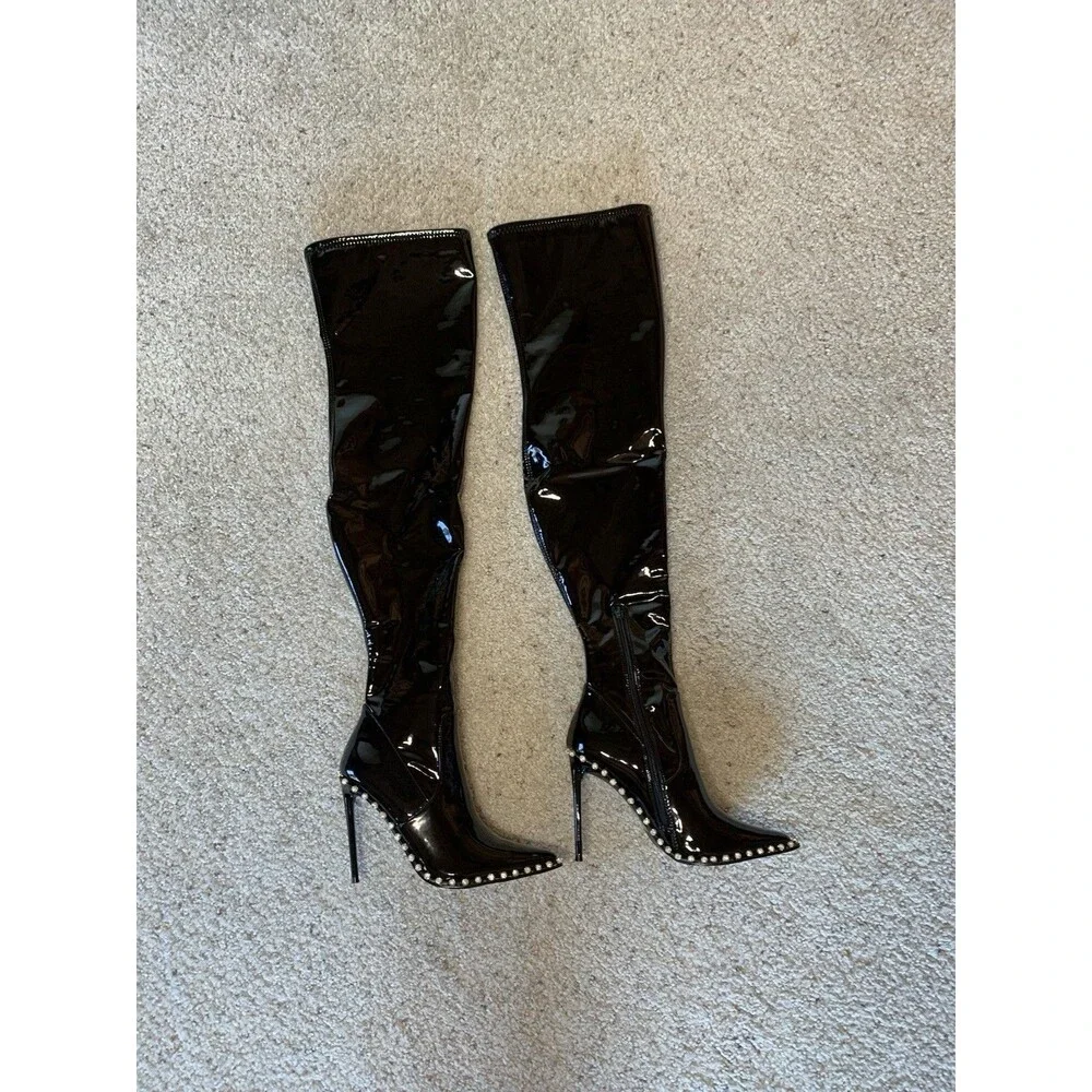 Steve Madden Vyva Black Rhinestone Thigh High Pantent Heeled Boots 7.5